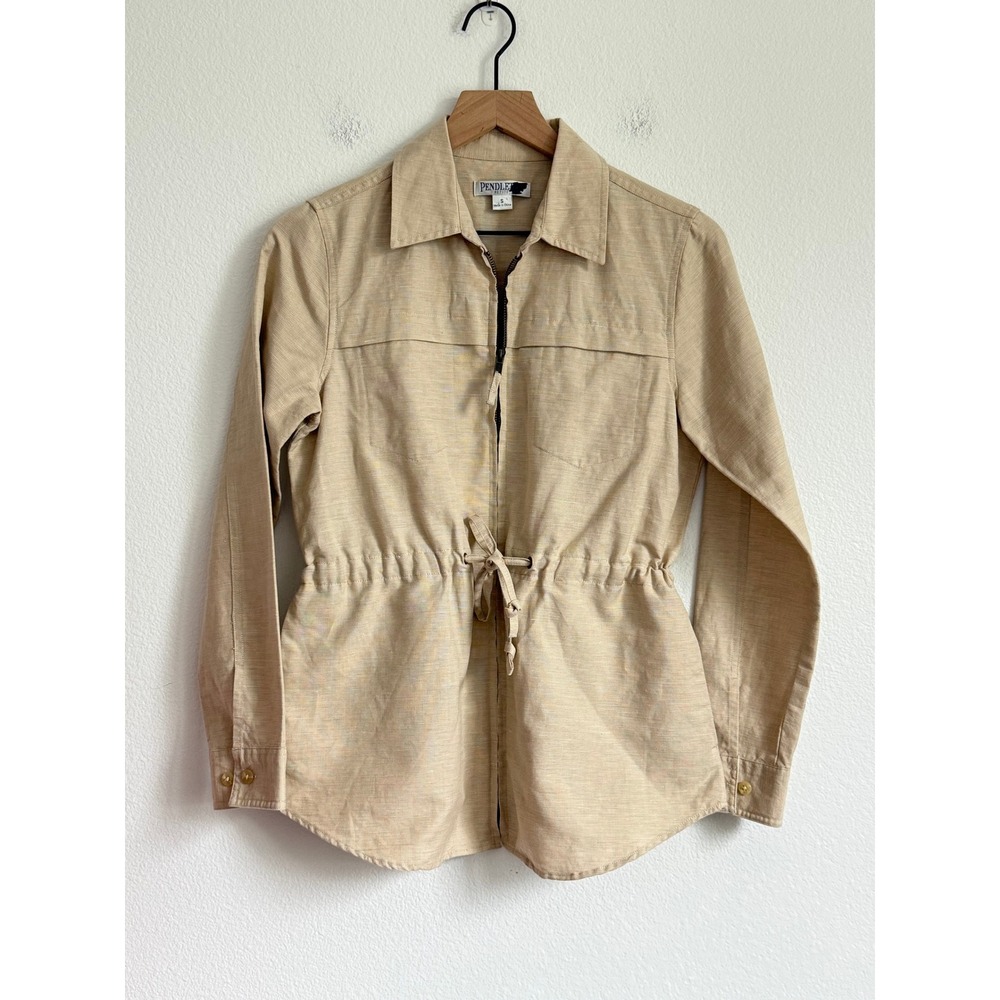 Pendleton Petite Utility Shirt Jacket S Tan Linen Blend Safari Drawstring Zip